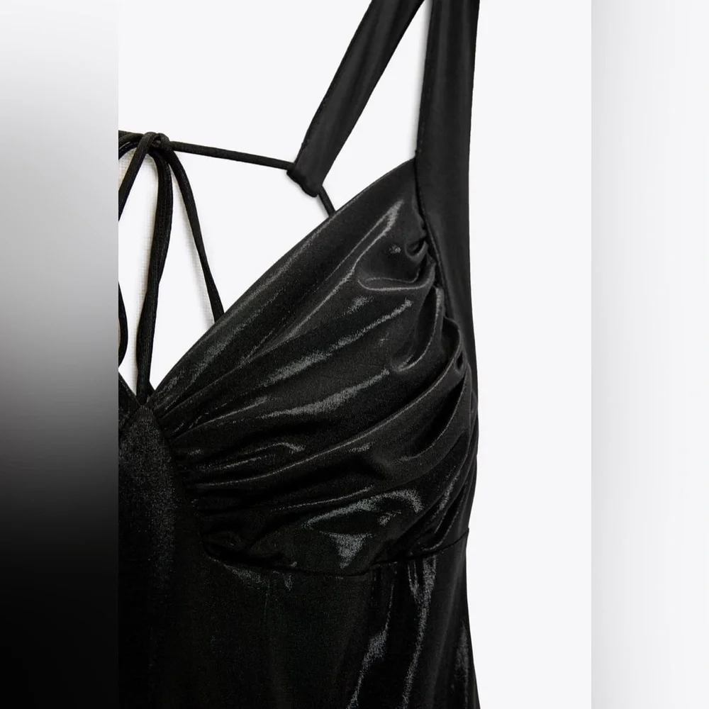Zara NWT Long Ruched Dress in Black Metallic Maxi Open Back Size M Medium New - Picture 9 of 10
